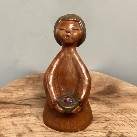 Other - Vintage - Wood Carved Singing Angel Girl Figurine - Candle Holder - Decor